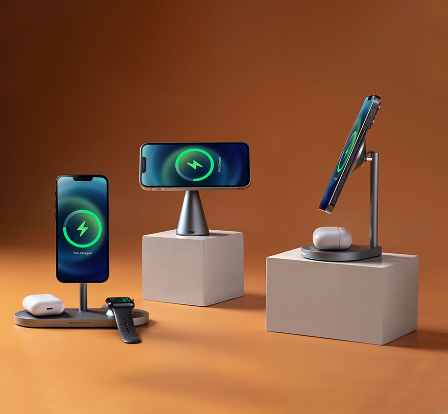 Three wireless charging stations are wirelessly charging iPhone, Apple Watch and AirPods.