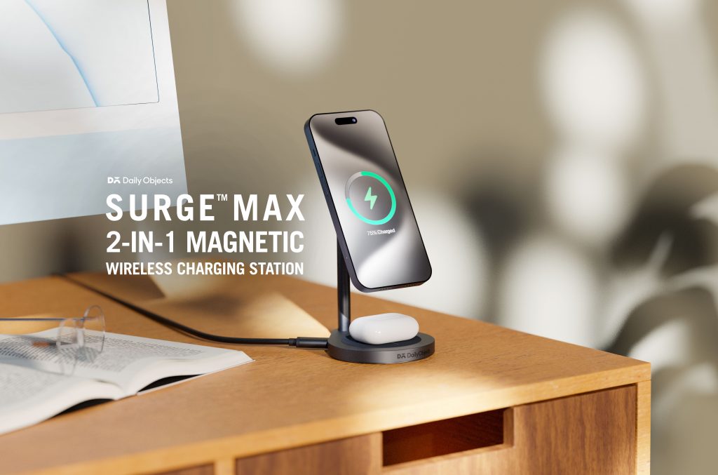 DailyObjects Surge™ Max 2-in-1 MagSafe-compatible Magnetic Wireless Charging Station powering a smartphone and AirPods, styled in a minimal, contemporary workspace setup.